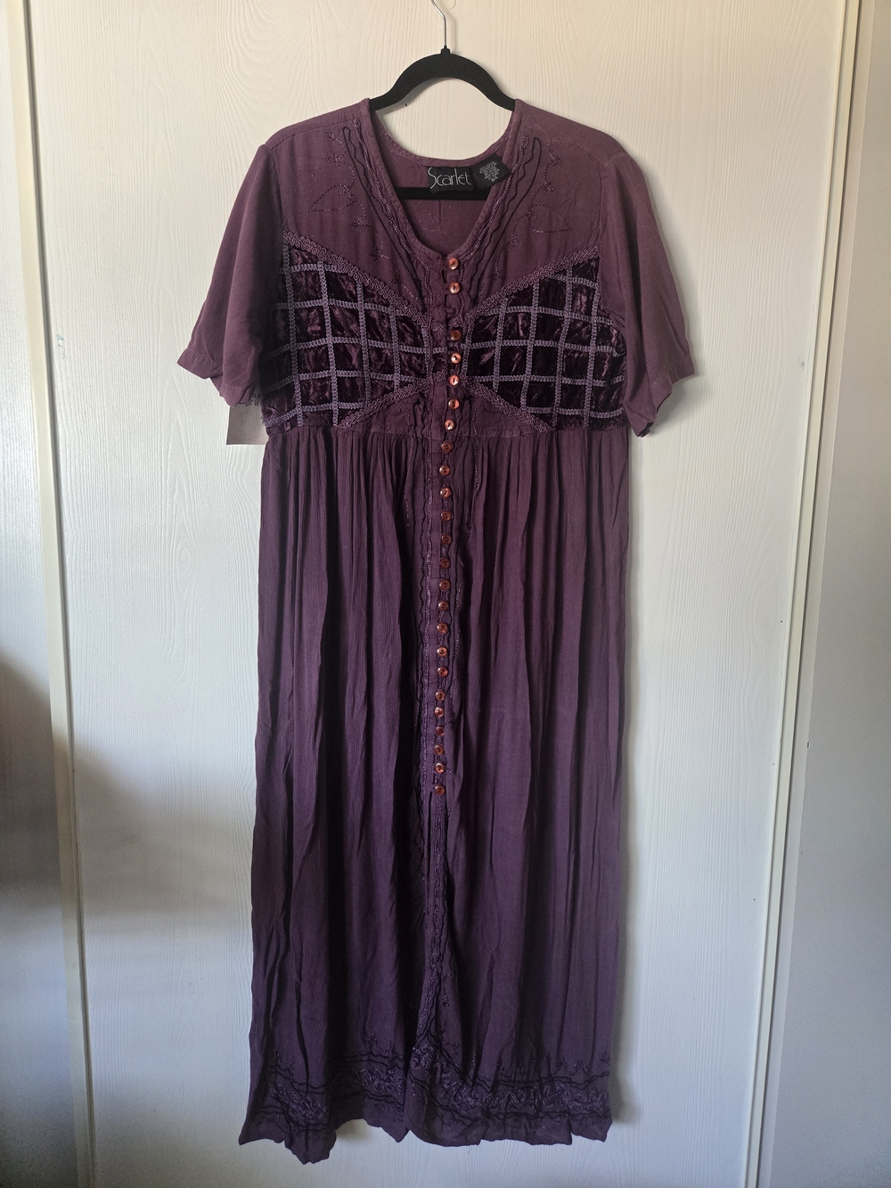 Scarlett Plum Crochet-Detail Button-Front Maxi Dress